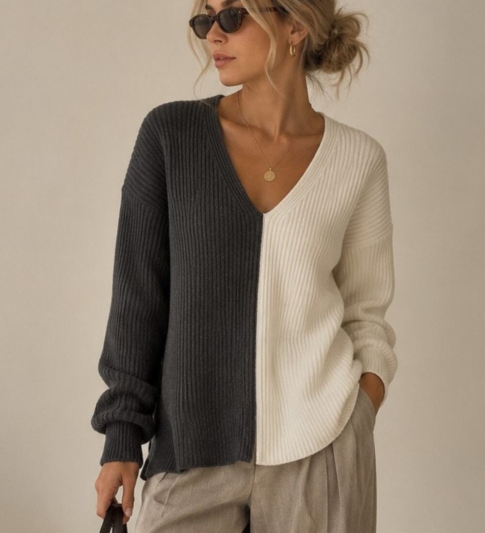 Abercrombie & Fitch V-Neck Colorblock Ribbed Sweater Size S Gray White Minimal
